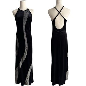 Vintage 90s Y2K Velvet Halter Dress Sz 7 M Black Silver Rhinestone Cutouts Maxi